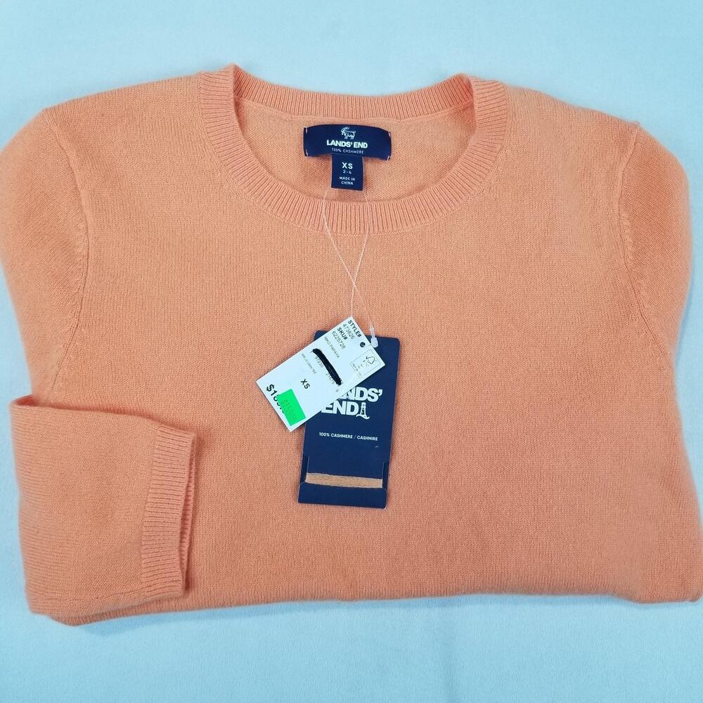 Lands' End Sweater Womens XS Peach Orange 100% Cashmere Crewneck Pullover NWT